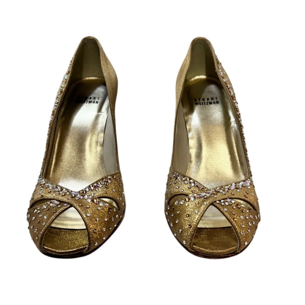 Stuart Weitzman Gold Embellished Peep-Toe Heels‎